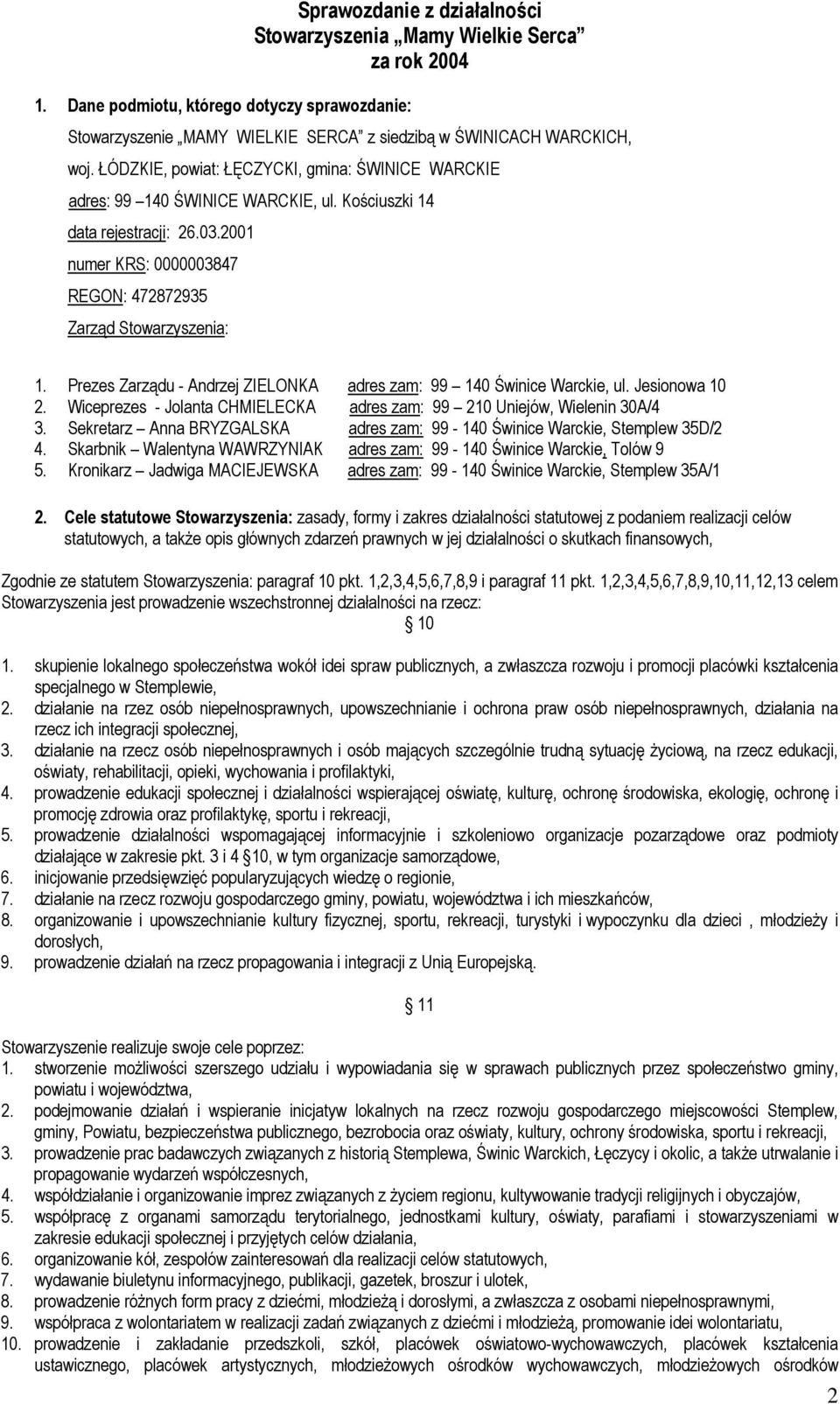 Prezes Zarządu - Andrzej ZIELONKA adres zam: 99 140 Świnice Warckie, ul. Jesionowa 10 2. Wiceprezes - Jolanta CHMIELECKA adres zam: 99 210 Uniejów, Wielenin 30A/4 3.