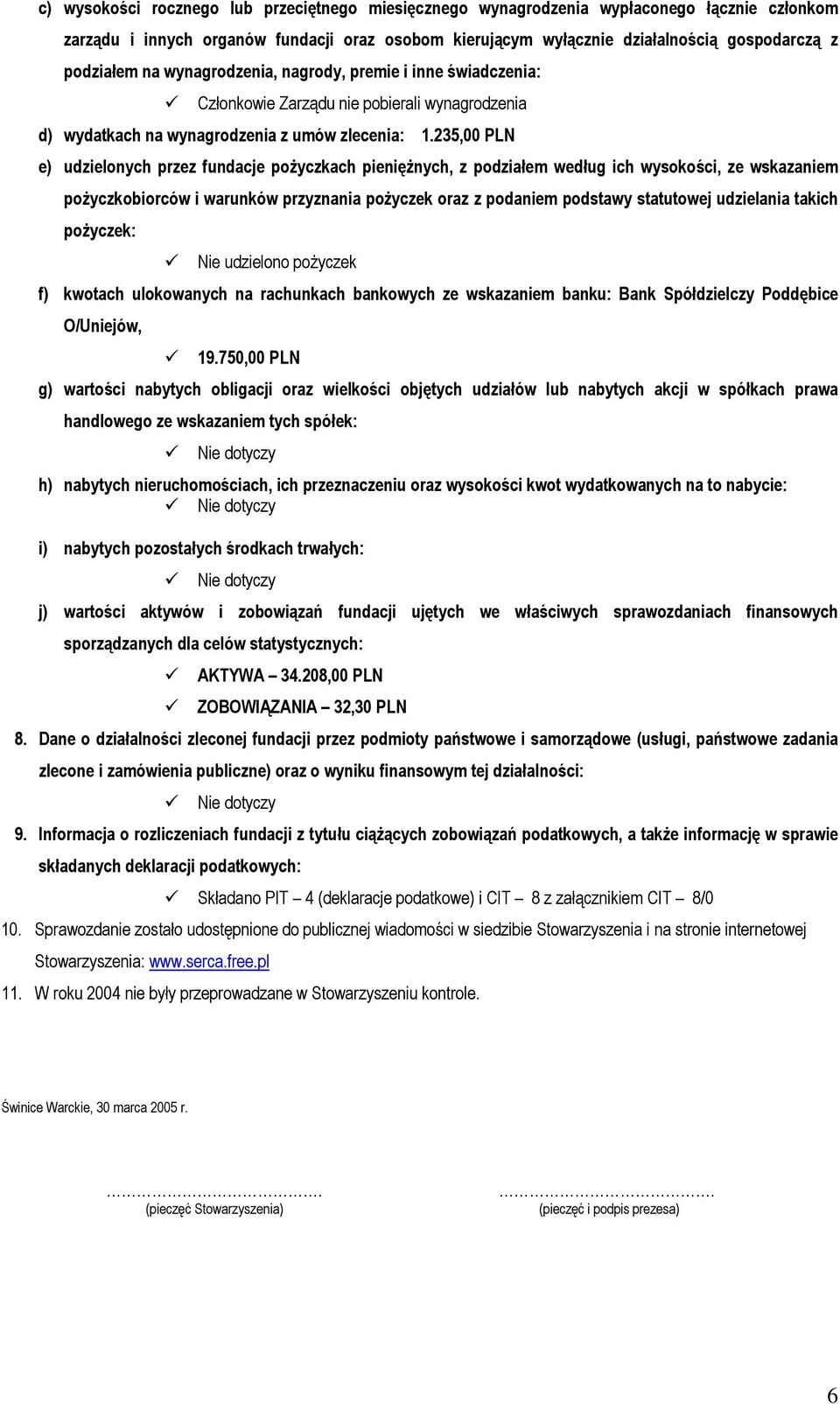 235,00 PLN e) udzielonych przez fundacje pożyczkach pieniężnych, z podziałem według ich wysokości, ze wskazaniem pożyczkobiorców i warunków przyznania pożyczek oraz z podaniem podstawy statutowej