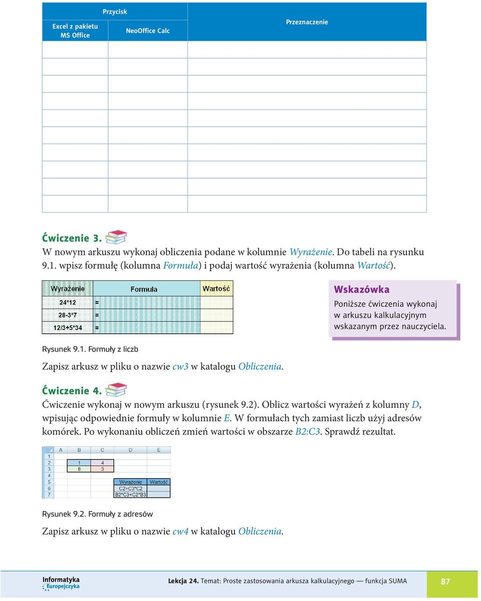 Formuły z liczb Zapisz arkusz w pliku o nazwie cw3 w katalogu Obliczenia. Ćwiczenie 4. Ćwiczenie wykonaj w nowym arkuszu (rysunek 9.2).