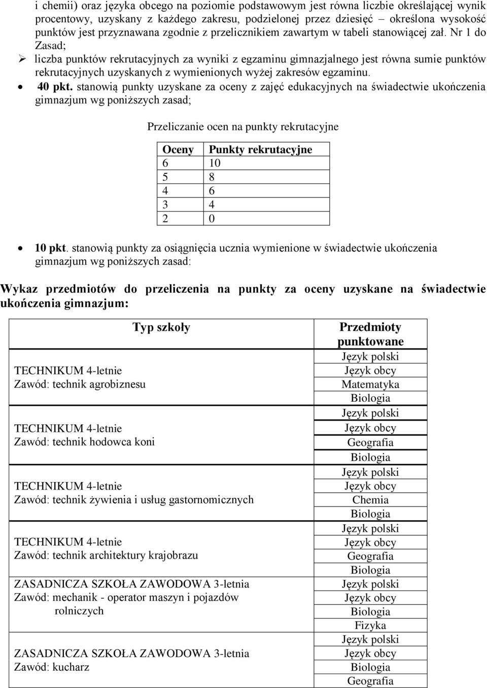 Nr 1 do Zasad; liczba punktów rekrutacyjnych za wyniki z egzaminu gimnazjalnego jest równa sumie punktów rekrutacyjnych uzyskanych z wymienionych wyżej zakresów egzaminu. 40 pkt.