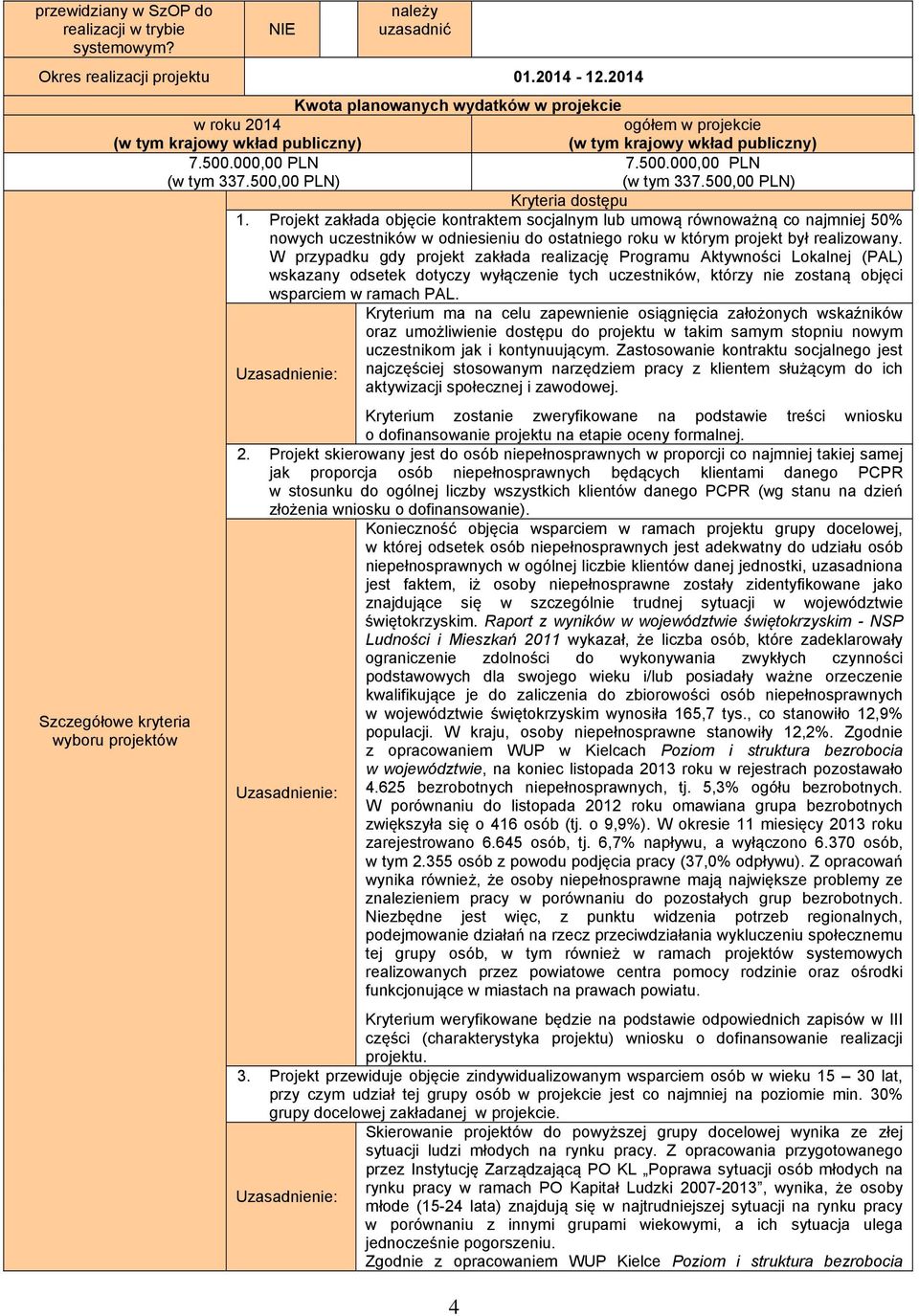 Projekt zakłada objęcie kontraktem socjalnym lub umową równoważną co najmniej 50% nowych uczestników w odniesieniu do ostatniego roku w którym projekt był realizowany.