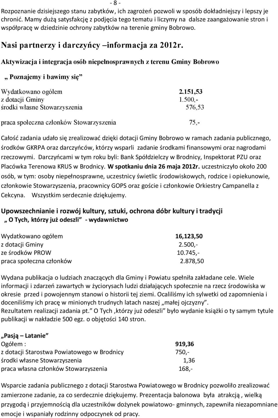 Nasi partnerzy i darczyńcy informacja za 2012r. Aktywizacja i integracja osób niepełnosprawnych z terenu Gminy Bobrowo Poznajemy i bawimy się Wydatkowano ogółem 2.151,53 z dotacji Gminy 1.