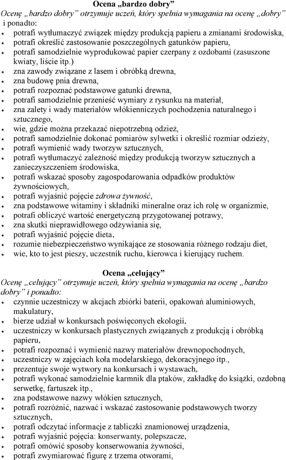 ) zna zawody związane z lasem i obróbką drewna, zna budowę pnia drewna, potrafi rozpoznać podstawowe gatunki drewna, potrafi samodzielnie przenieść wymiary z rysunku na materiał, zna zalety i wady