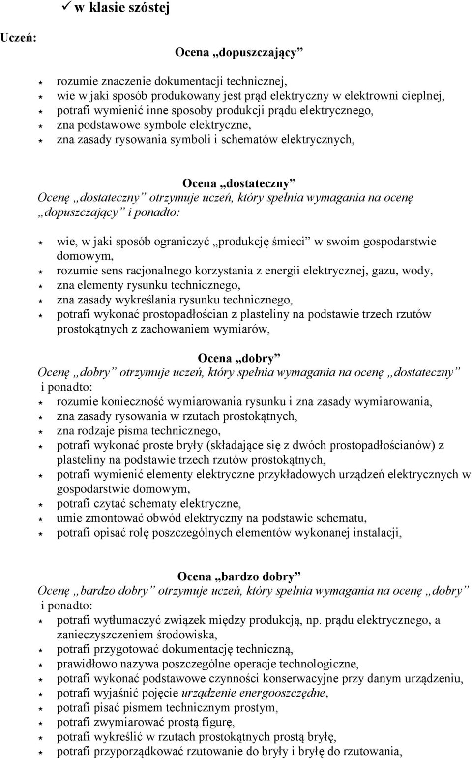 na ocenę dopuszczający i ponadto: wie, w jaki sposób ograniczyć produkcję śmieci w swoim gospodarstwie domowym, rozumie sens racjonalnego korzystania z energii elektrycznej, gazu, wody, zna elementy