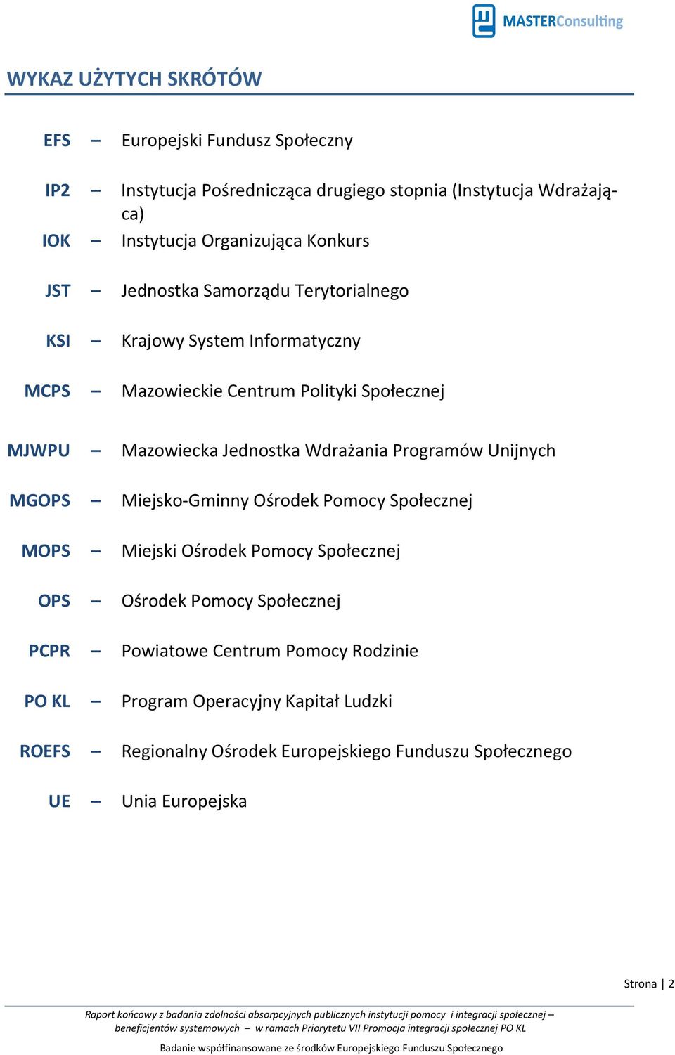 Wdrażania Programów Unijnych MGOPS Miejsko-Gminny Ośrodek Pomocy Społecznej MOPS Miejski Ośrodek Pomocy Społecznej OPS Ośrodek Pomocy Społecznej PCPR