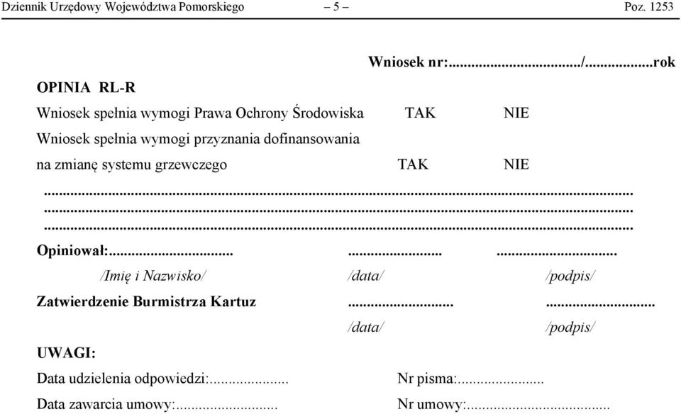 dofinansowania na zmianę systemu grzewczego TAK NIE......... Opiniował:.