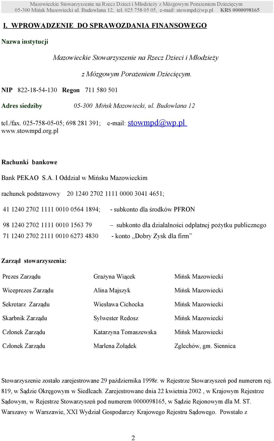 rachunek podstawowy 20 1240 2702 1111 0000 3041 4651; 41 1240 2702 1111 0010 0564 1894; - subkonto dla środków PFRON 98 1240 2702 1111 0010 1563 79 subkonto dla działalności odpłatnej pożytku