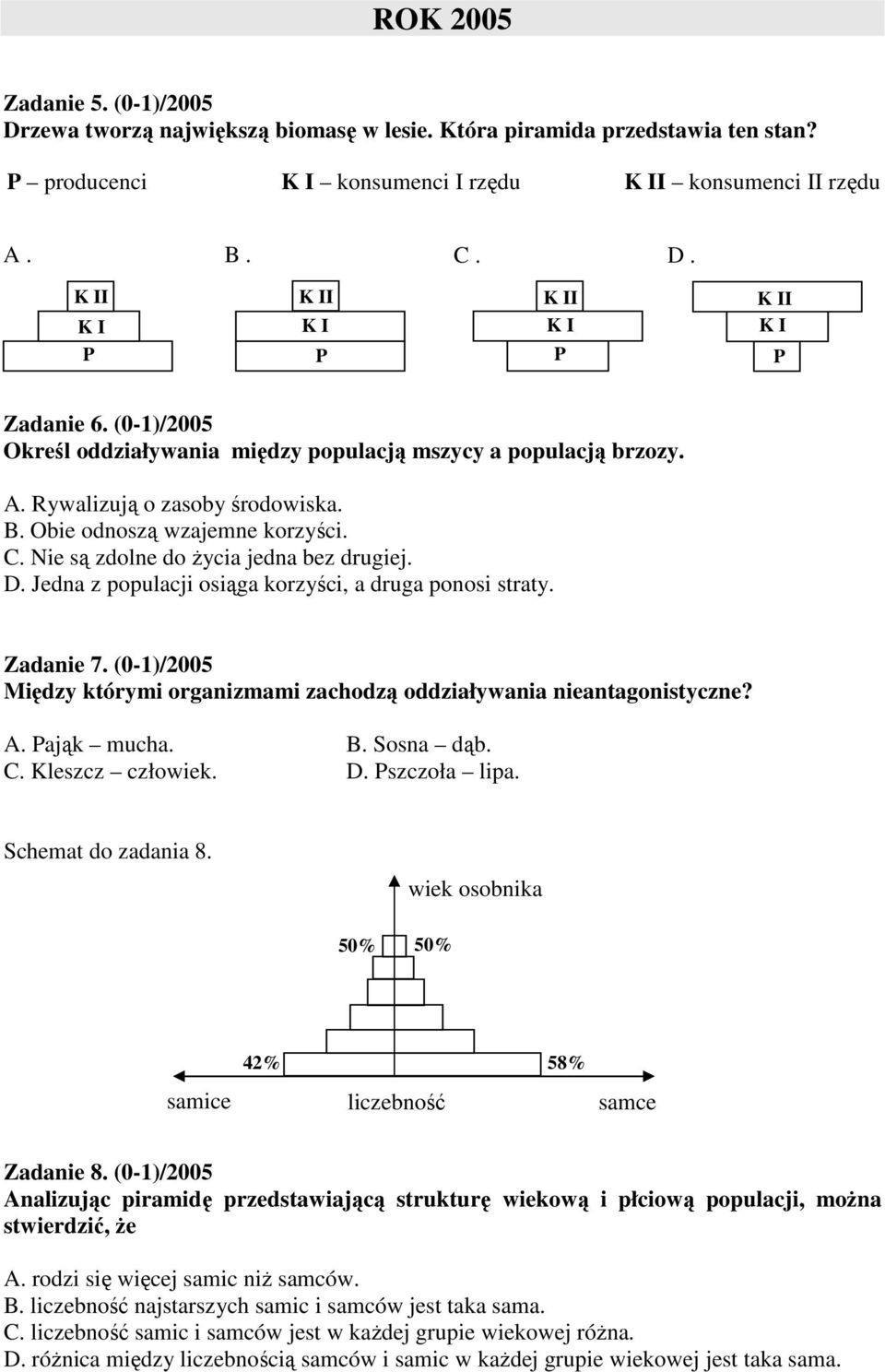 Jedna z populacji osiąga korzyści, a druga ponosi straty. Zadanie 7. (0-1)/2005 Między którymi organizmami zachodzą oddziaływania nieantagonistyczne? A. Pająk mucha. B. Sosna dąb. C. Kleszcz człowiek.