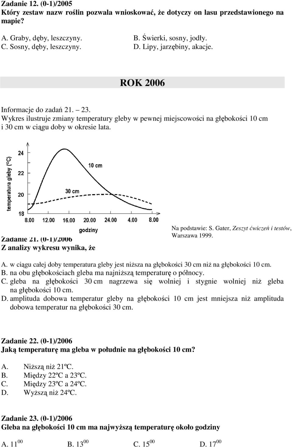 (0-1)/2006 Z analizy wykresu wynika, Ŝe Na podstawie: S. Gater, Zeszyt ćwiczeń i testów, Warszawa 1999. A. w ciągu całej doby temperatura gleby jest niŝsza na głębokości 30 cm niŝ na głębokości 10 cm.