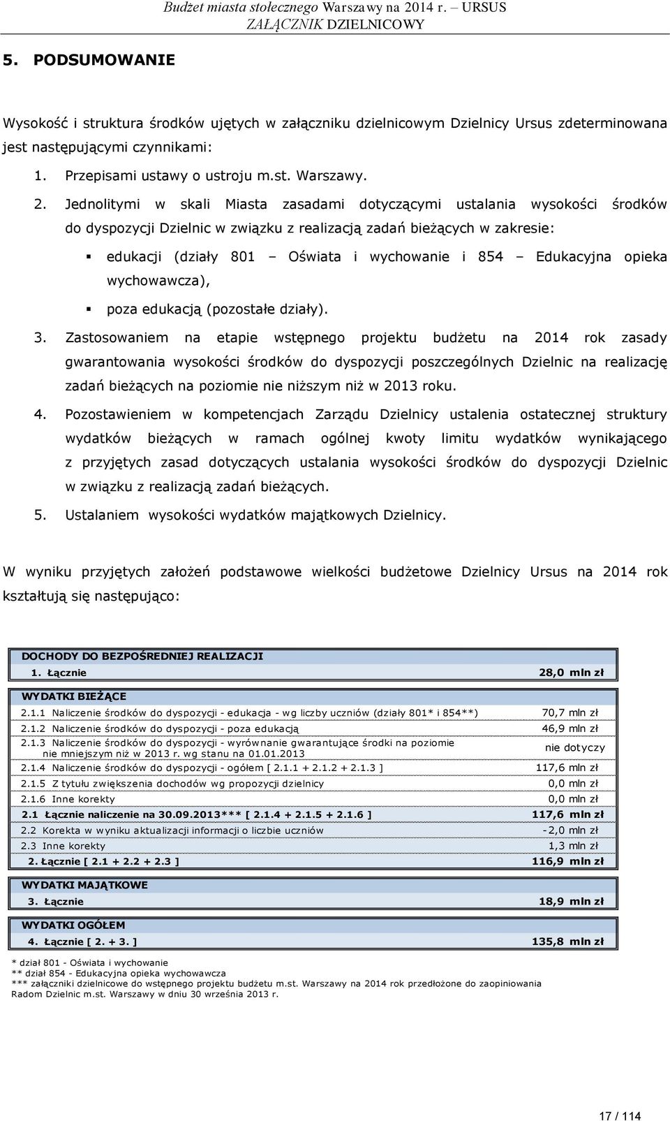 2. Jednolitymi w skali Miasta zasadami dotyczącymi ustalania wysokości środków do dyspozycji Dzielnic w związku z realizacją zadań bieżących w zakresie: edukacji (działy 801 Oświata i wychowanie i