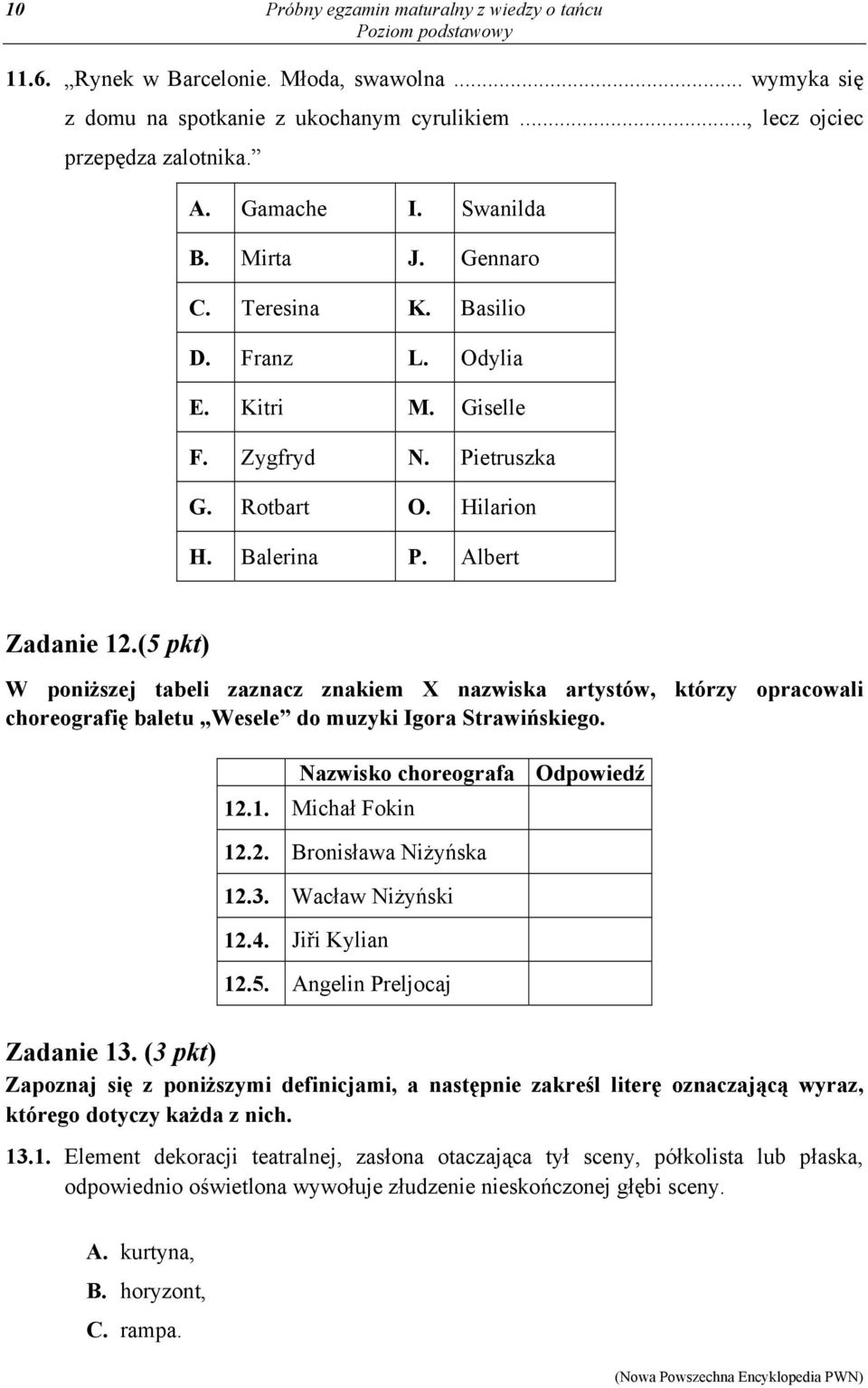 (5 pkt) W poniższej tabeli zaznacz znakiem X nazwiska artystów, którzy opracowali choreografię baletu Wesele do muzyki Igora Strawińskiego. Nazwisko choreografa Odpowiedź 12.1. Michał Fokin 12.2. Bronisława Niżyńska 12.