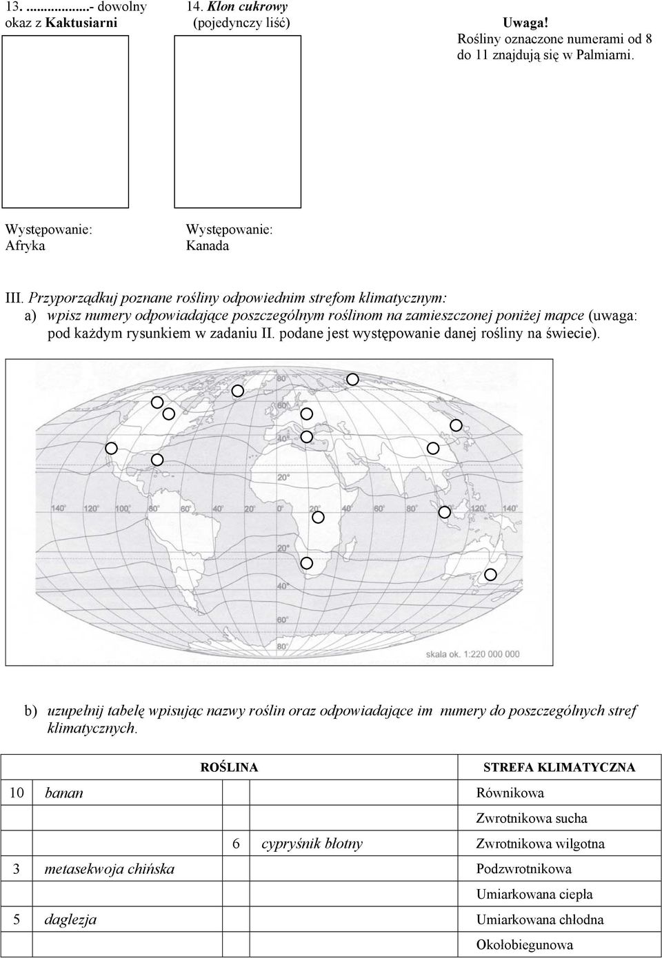 Przyporządkuj poznane rośliny odpowiednim strefom klimatycznym: a) wpisz numery odpowiadające poszczególnym roślinom na zamieszczonej poniżej mapce (uwaga: pod każdym rysunkiem w zadaniu II.