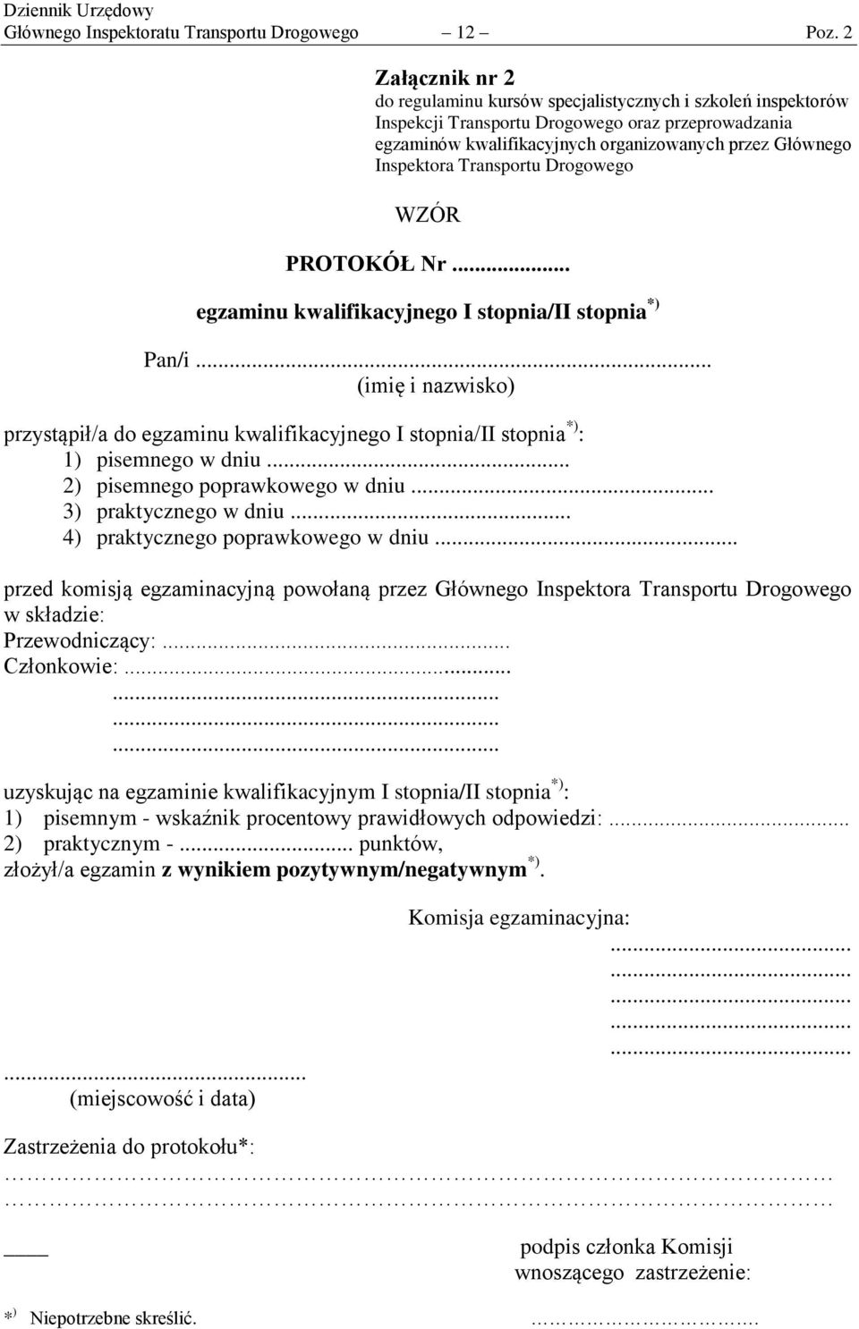 Transportu Drogowego WZÓR PROTOKÓŁ Nr... egzaminu kwalifikacyjnego I stopnia/ii stopnia *) Pan/i.