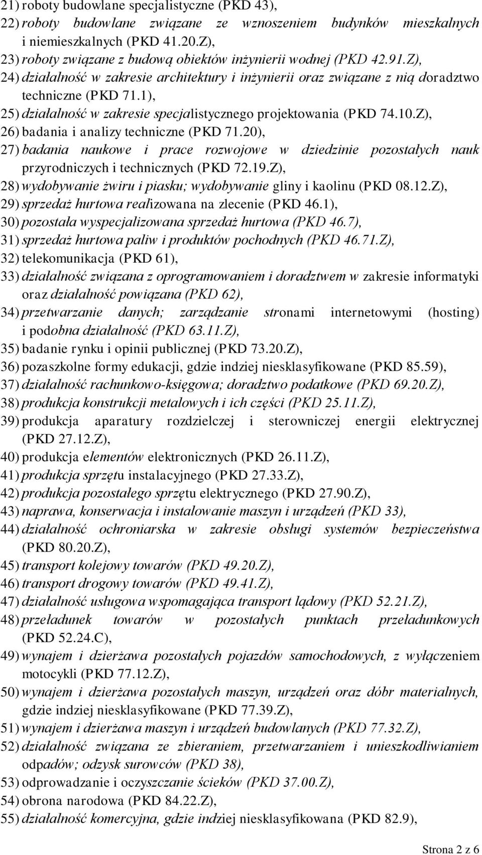 1), 25) działalność w zakresie specjalistycznego projektowania (PKD 74.10.Z), 26) badania i analizy techniczne (PKD 71.