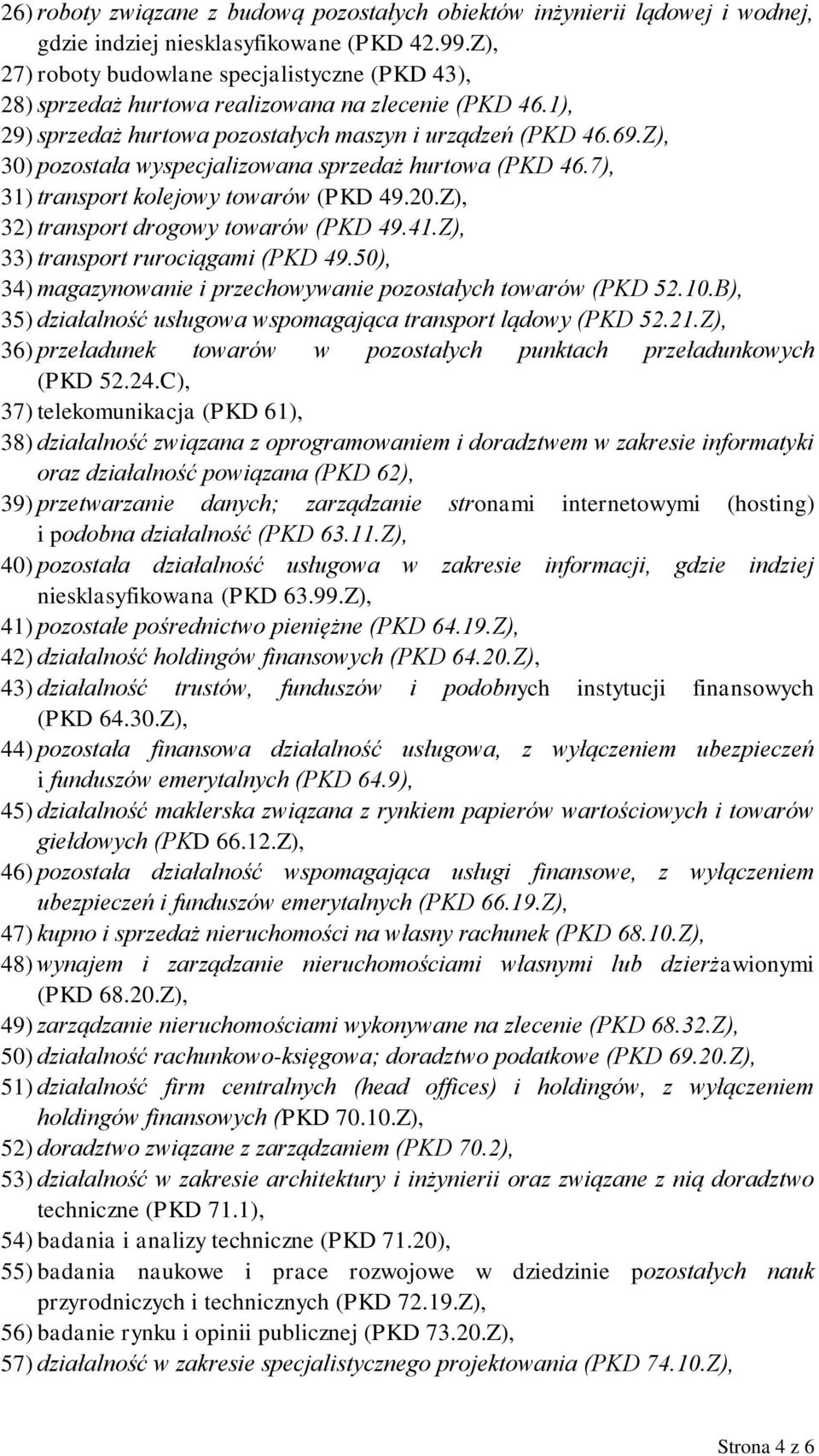 Z), 30) pozostała wyspecjalizowana sprzedaż hurtowa (PKD 46.7), 31) transport kolejowy towarów (PKD 49.20.Z), 32) transport drogowy towarów (PKD 49.41.Z), 33) transport rurociągami (PKD 49.