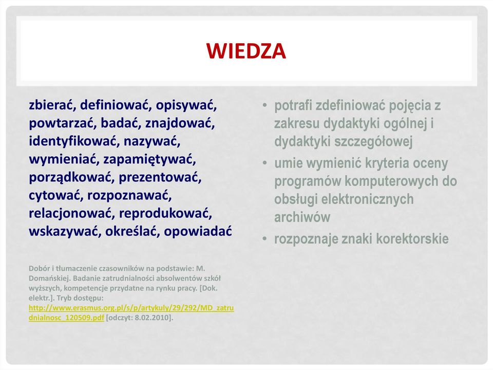 programów komputerowych do obsługi elektronicznych archiwów rozpoznaje znaki korektorskie Dobór i tłumaczenie czasowników na podstawie: M. Domańskiej.