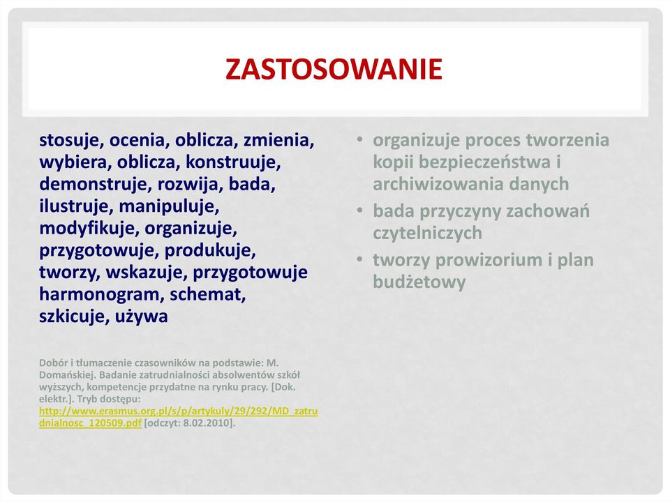 zachowań czytelniczych tworzy prowizorium i plan budżetowy Dobór i tłumaczenie czasowników na podstawie: M. Domańskiej.