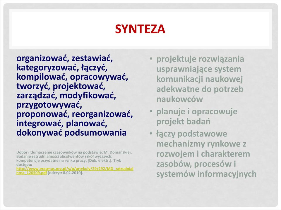 Badanie zatrudnialności absolwentów szkół wyższych, kompetencje przydatne na rynku pracy. [Dok. elektr.]. Tryb dostępu: http://www.erasmus.org.