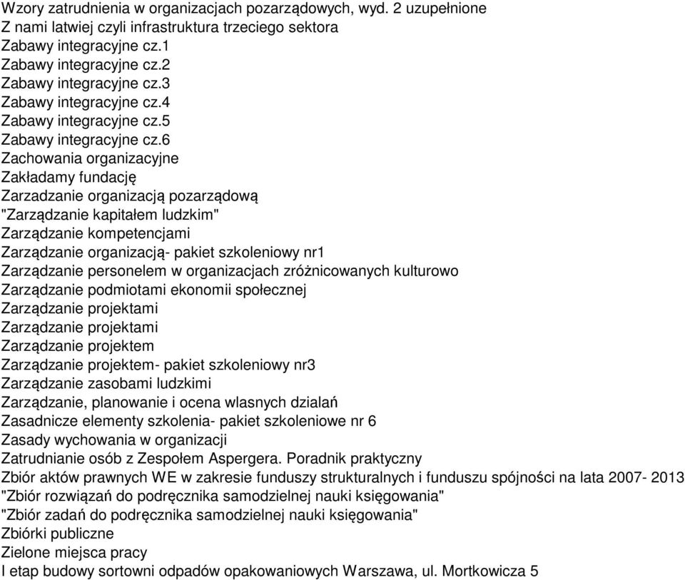 6 Zachowania organizacyjne Zakładamy fundację Zarzadzanie organizacją pozarządową "Zarządzanie kapitałem ludzkim" Zarządzanie kompetencjami Zarządzanie organizacją- pakiet szkoleniowy nr1 Zarządzanie