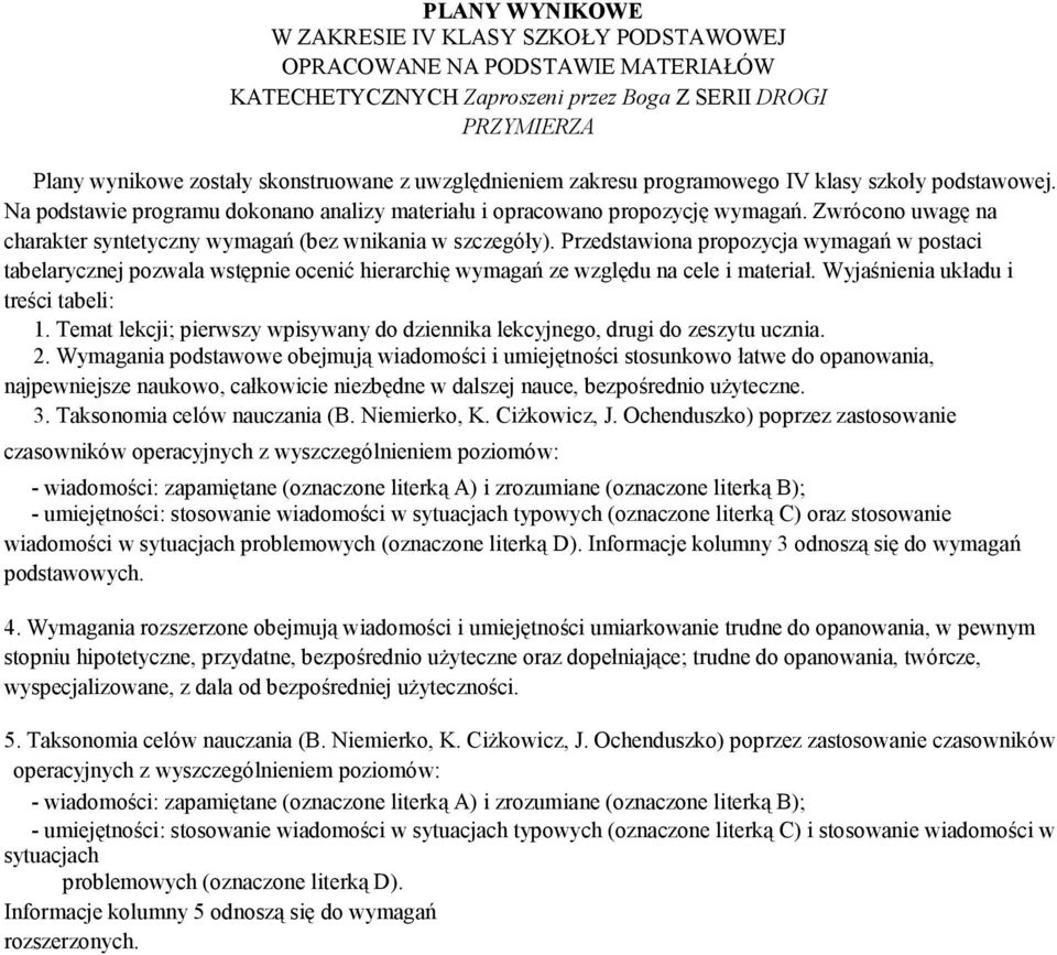 Przedstawiona propozycja wymagań w postaci tabelarycznej pozwala wstępnie ocenić hierarchię wymagań ze względu na cele i materiał. Wyjaśnienia układu i treści tabeli: 1.