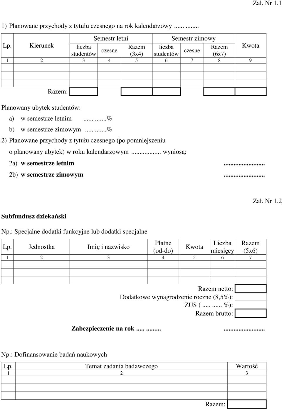 .....% b) w semestrze zimowym......% 2) Planowane przychody z tytułu czesnego (po pomniejszeniu o planowany ubytek) w roku kalendarzowym... wyniosą: 2a) w semestrze letnim... 2b) w semestrze zimowym.