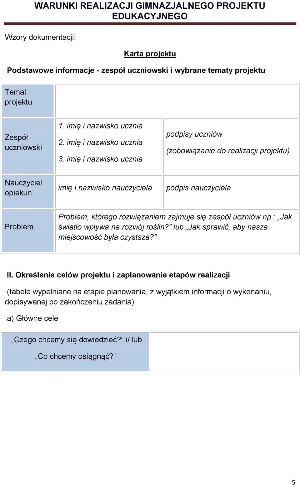 imię i nazwisko ucznia podpisy uczniów (zobowiązanie do realizacji projektu) Nauczyciel opiekun imię i nazwisko nauczyciela podpis nauczyciela Problem Problem, którego rozwiązaniem