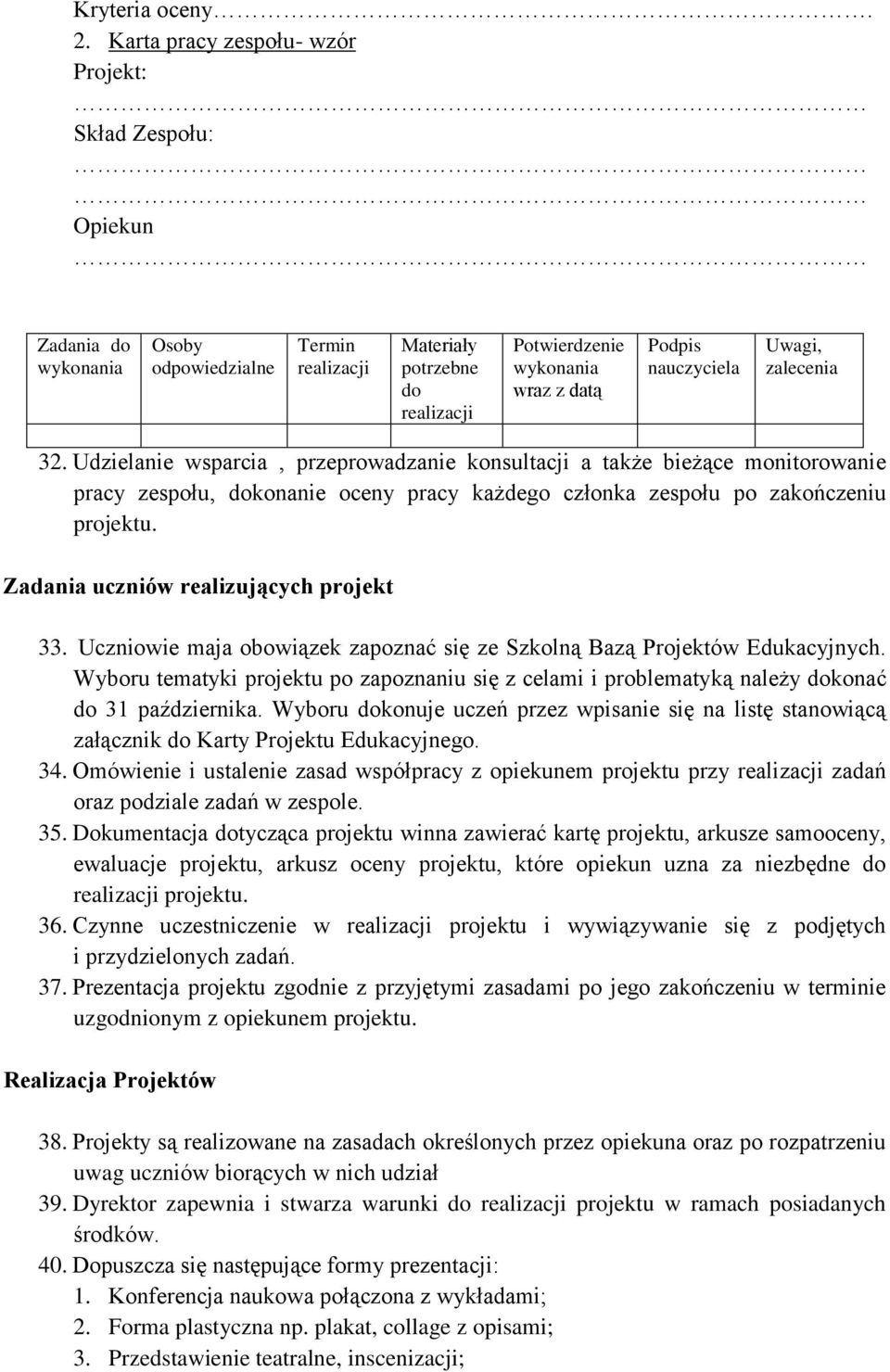 nauczyciela Uwagi, zalecenia 32. Udzielanie wsparcia, przeprowadzanie konsultacji a także bieżące monitorowanie pracy zespołu, dokonanie oceny pracy każdego członka zespołu po zakończeniu projektu.