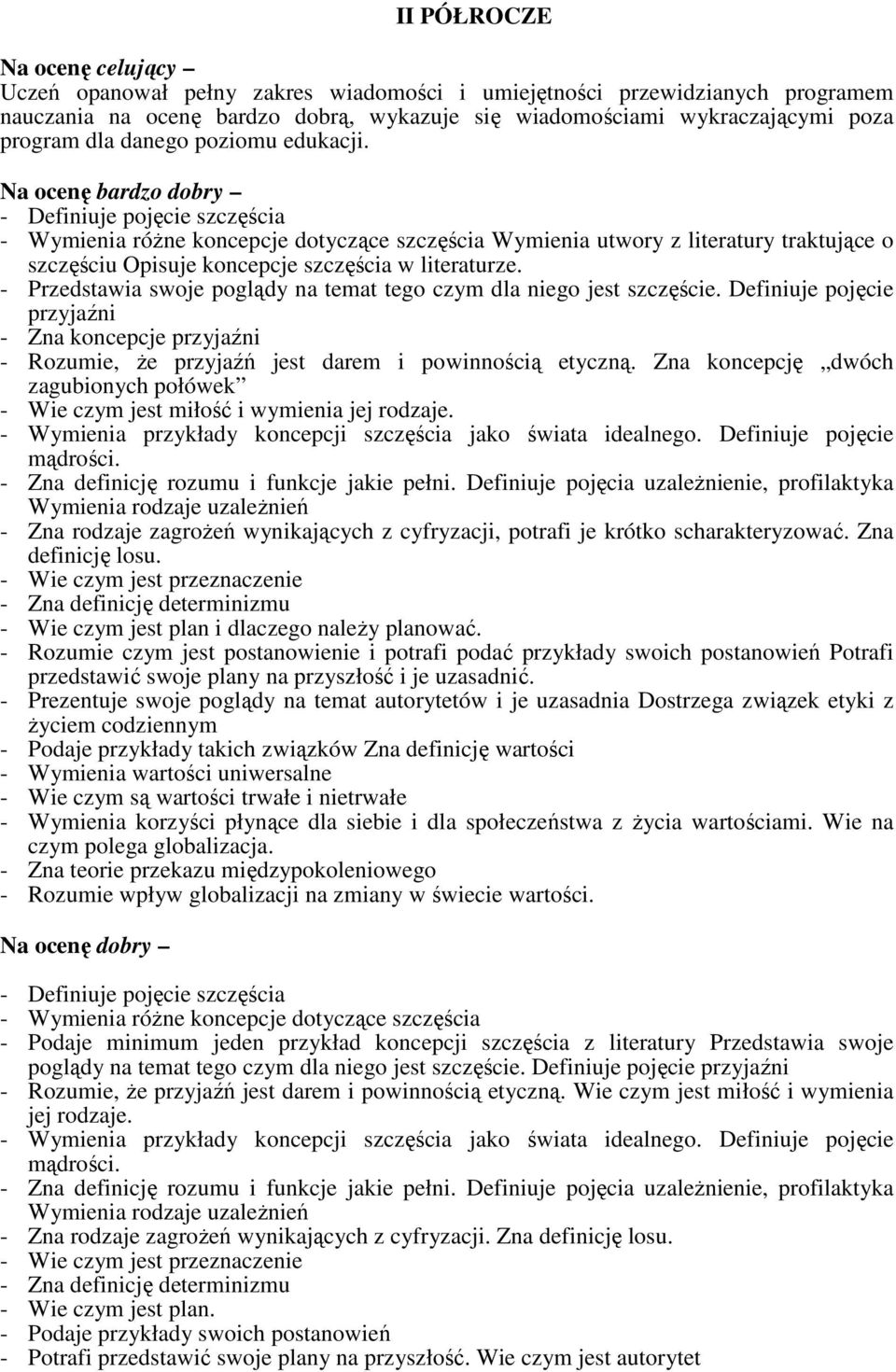 Na ocenę bardzo dobry - Definiuje pojęcie szczęścia - Wymienia różne koncepcje dotyczące szczęścia Wymienia utwory z literatury traktujące o szczęściu Opisuje koncepcje szczęścia w literaturze.