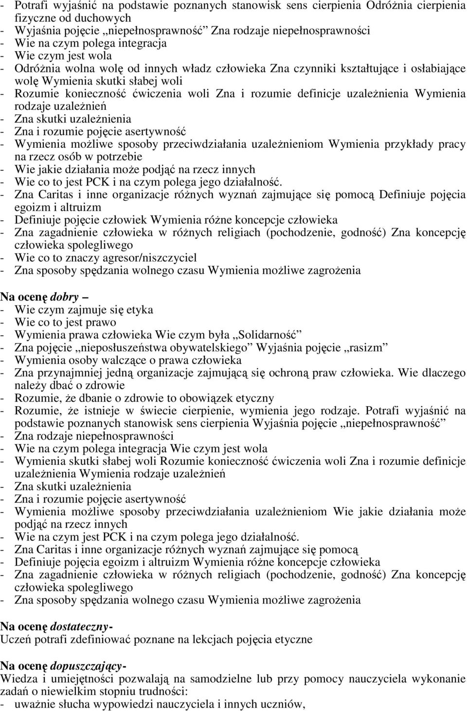 rozumie definicje uzależnienia Wymienia rodzaje uzależnień - Zna skutki uzależnienia - Zna i rozumie pojęcie asertywność - Wymienia możliwe sposoby przeciwdziałania uzależnieniom Wymienia przykłady