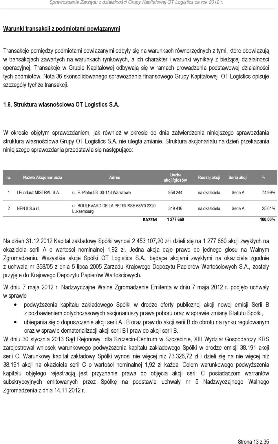 Nota 36 skonsolidowanego sprawozdania finansowego Grupy Kapitałowej OT Logistics opisuje szczegóły tychże transakcji. 1.6. Struktura własnościowa OT Logistics S.A.