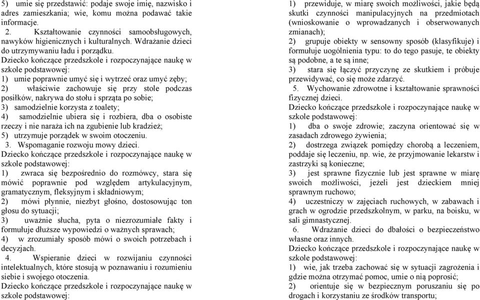 1) umie poprawnie umyć się i wytrzeć oraz umyć zęby; 2) właściwie zachowuje się przy stole podczas posiłków, nakrywa do stołu i sprząta po sobie; 3) samodzielnie korzysta z toalety; 4) samodzielnie