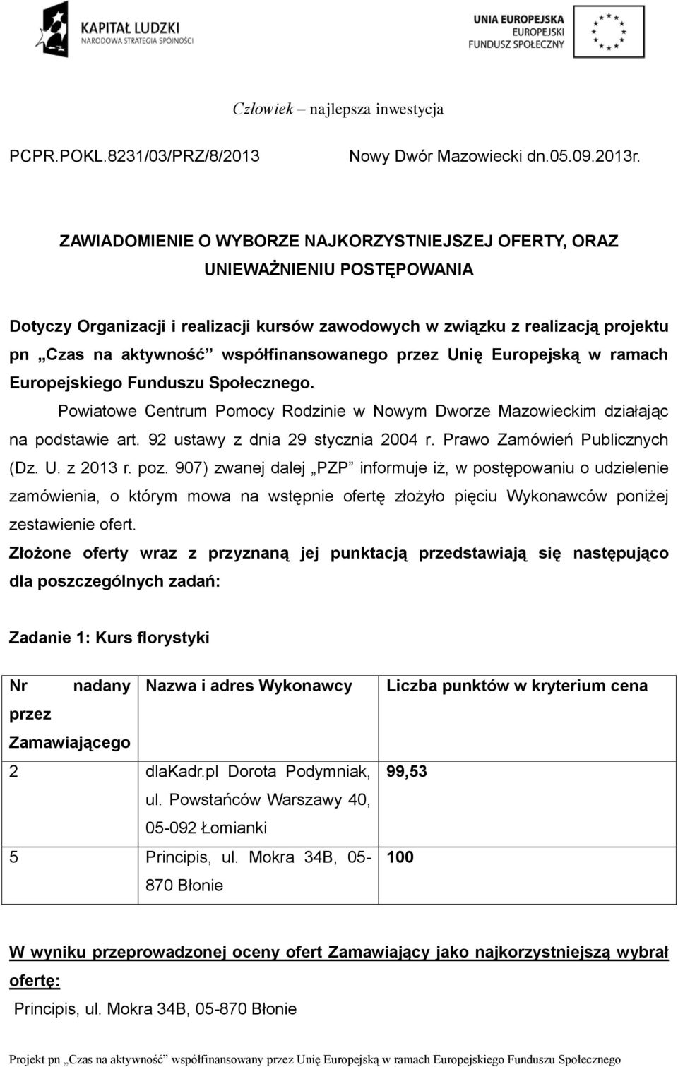 współfinansowanego Unię Europejską w ramach Europejskiego Funduszu Społecznego. Powiatowe Centrum Pomocy Rodzinie w Nowym Dworze Mazowieckim działając na podstawie art.