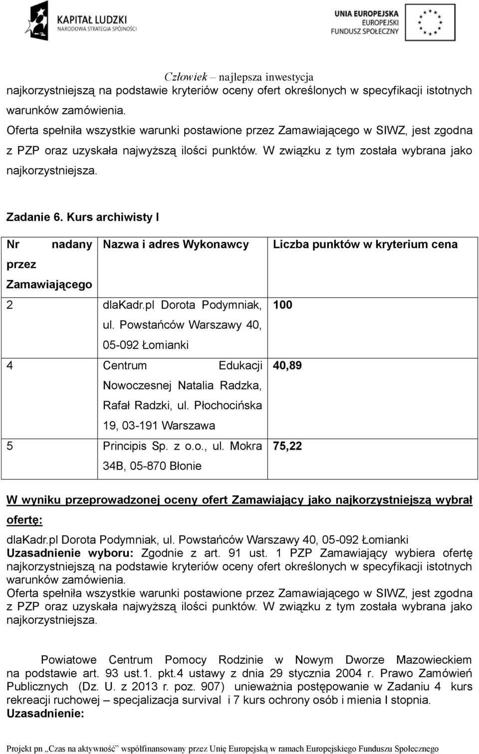 pl Dorota Podymniak, Oferta spełniła wszystkie warunki postawione w SIWZ, jest zgodna Powiatowe Centrum Pomocy Rodzinie w Nowym Dworze Mazowieckiem na podstawie art.