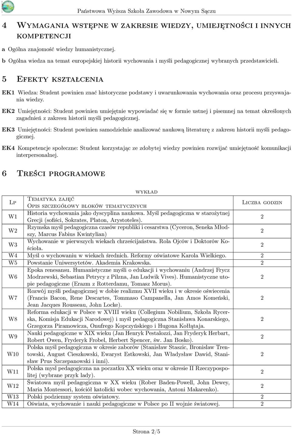 5 Efekty kształcenia EK1 Wiedza: Student powinien znać historyczne podstawy i uwarunkowania wychowania oraz procesu przyswajania wiedzy.