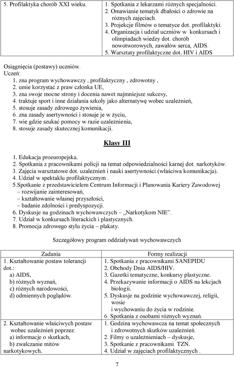 zna program wychowawczy, profilaktyczny, zdrowotny, 2. umie korzystać z praw członka UE, 3. zna swoje mocne strony i docenia nawet najmniejsze sukcesy, 4.