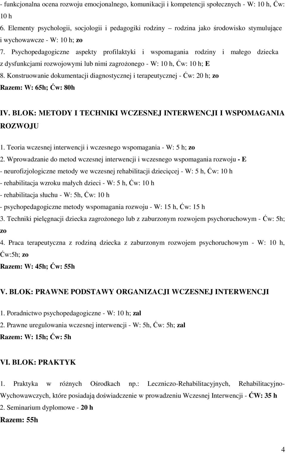 Psychopedagogiczne aspekty profilaktyki i wspomagania rodziny i małego dziecka z dysfunkcjami rozwojowymi lub nimi zagrożonego - W: 10 h, Ćw: 10 h; E 8.