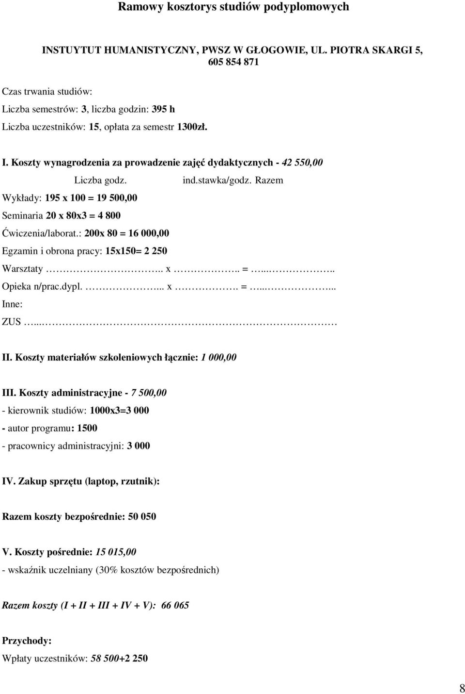 Koszty wynagrodzenia za prowadzenie zajęć dydaktycznych - 42 550,00 Liczba godz. ind.stawka/godz. Razem Wykłady: 195 x 100 = 19 500,00 Seminaria 20 x 80x3 = 4 800 Ćwiczenia/laborat.