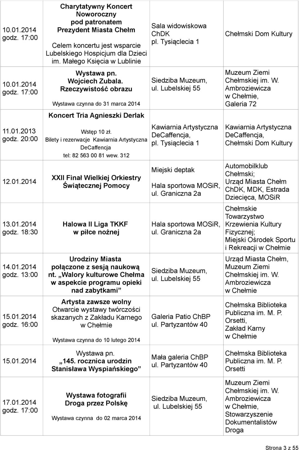 Bilety i rezerwacje Kawiarnia Artystyczna DeCaffencja tel: 82 563 00 81 wew. 312 XXII Finał Wielkiej Orkiestry Świątecznej Pomocy Halowa II Liga TKKF Urodziny Miasta połączone z sesją naukową nt.