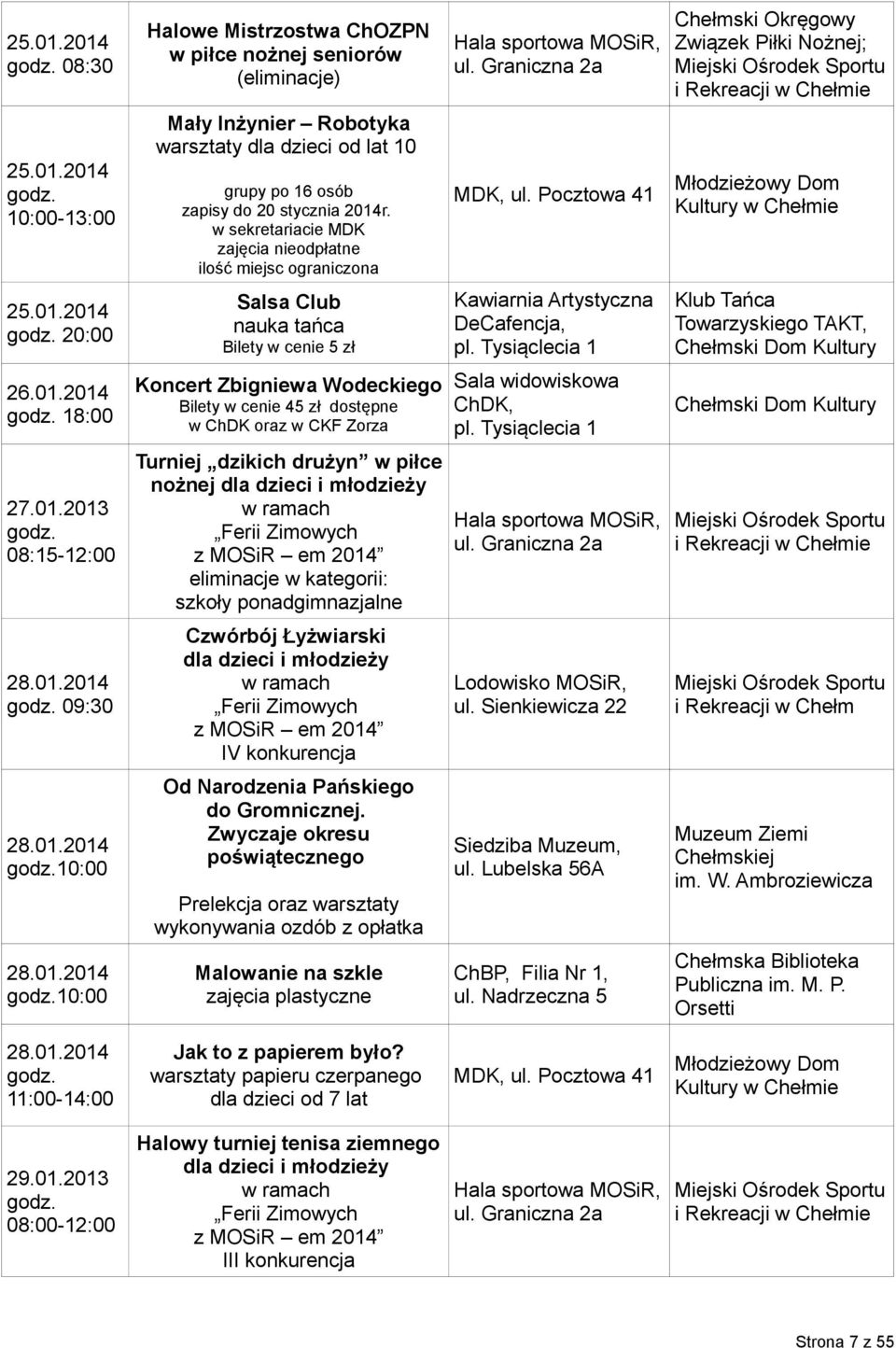 2014 20:00 Salsa Club nauka tańca Bilety w cenie 5 zł Kawiarnia Artystyczna DeCafencja, pl. Tysiąclecia 1 Klub Tańca Towarzyskiego TAKT, 26.01.2014 18:00 Koncert Zbigniewa Wodeckiego Bilety w cenie 45 zł dostępne w ChDK oraz w CKF Zorza Sala widowiskowa ChDK, pl.