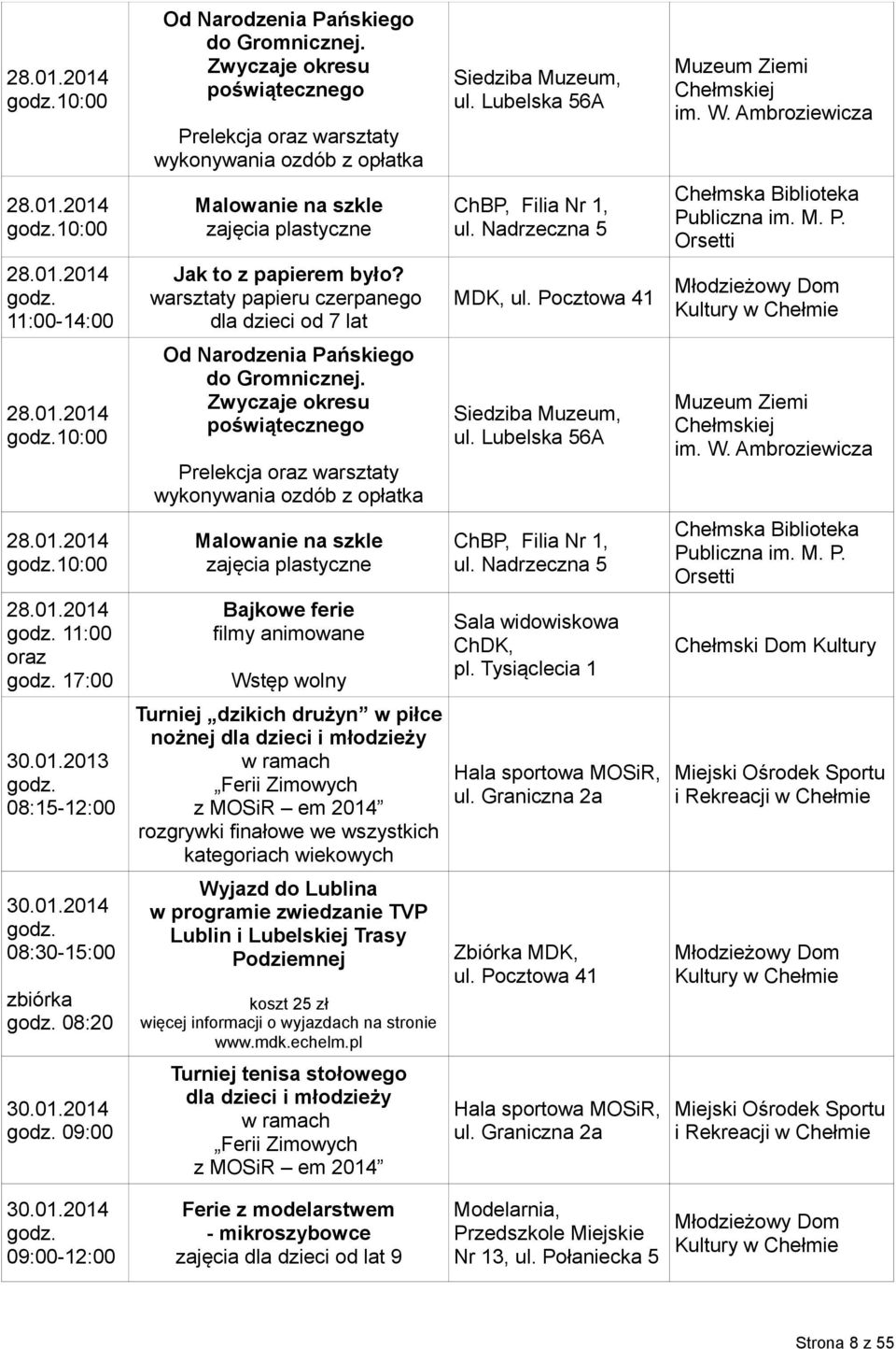 Tysiąclecia 1 30.01.2013 08:15-12:00 Turniej dzikich drużyn w piłce nożnej w ramach Ferii Zimowych z MOSiR em 2014 rozgrywki finałowe we wszystkich kategoriach wiekowych 30.01.2014 08:30-15:00 zbiórka 08:20 Wyjazd do Lublina w programie zwiedzanie TVP Lublin i Lubelskiej Trasy Podziemnej koszt 25 zł więcej informacji o wyjazdach na stronie www.