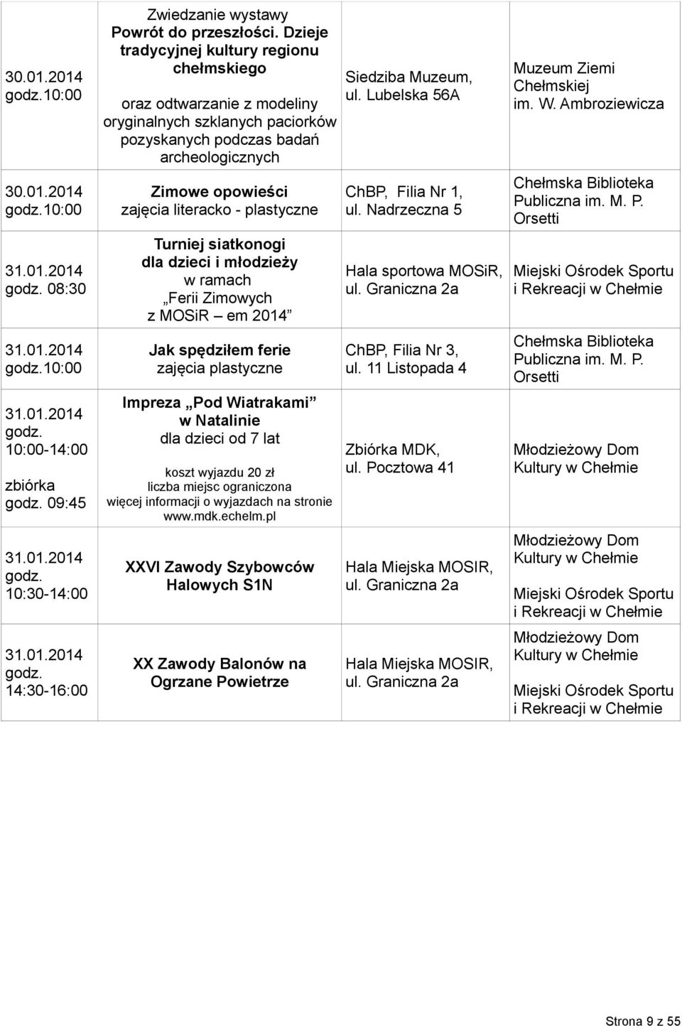 Turniej siatkonogi w ramach Ferii Zimowych z MOSiR em 2014 Jak spędziłem ferie zajęcia plastyczne Impreza Pod Wiatrakami w Natalinie dla dzieci od 7 lat koszt wyjazdu 20 zł liczba miejsc ograniczona