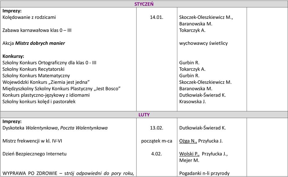 Tokarczyk A. wychowawcy świetlicy Gurbin R. Tokarczyk A. Gurbin R. Baranowska M. Dutkowiak-Świerad K. Krasowska J. Dyskoteka Walentynkowa, Poczta Walentynkowa Mistrz frekwencji w kl.