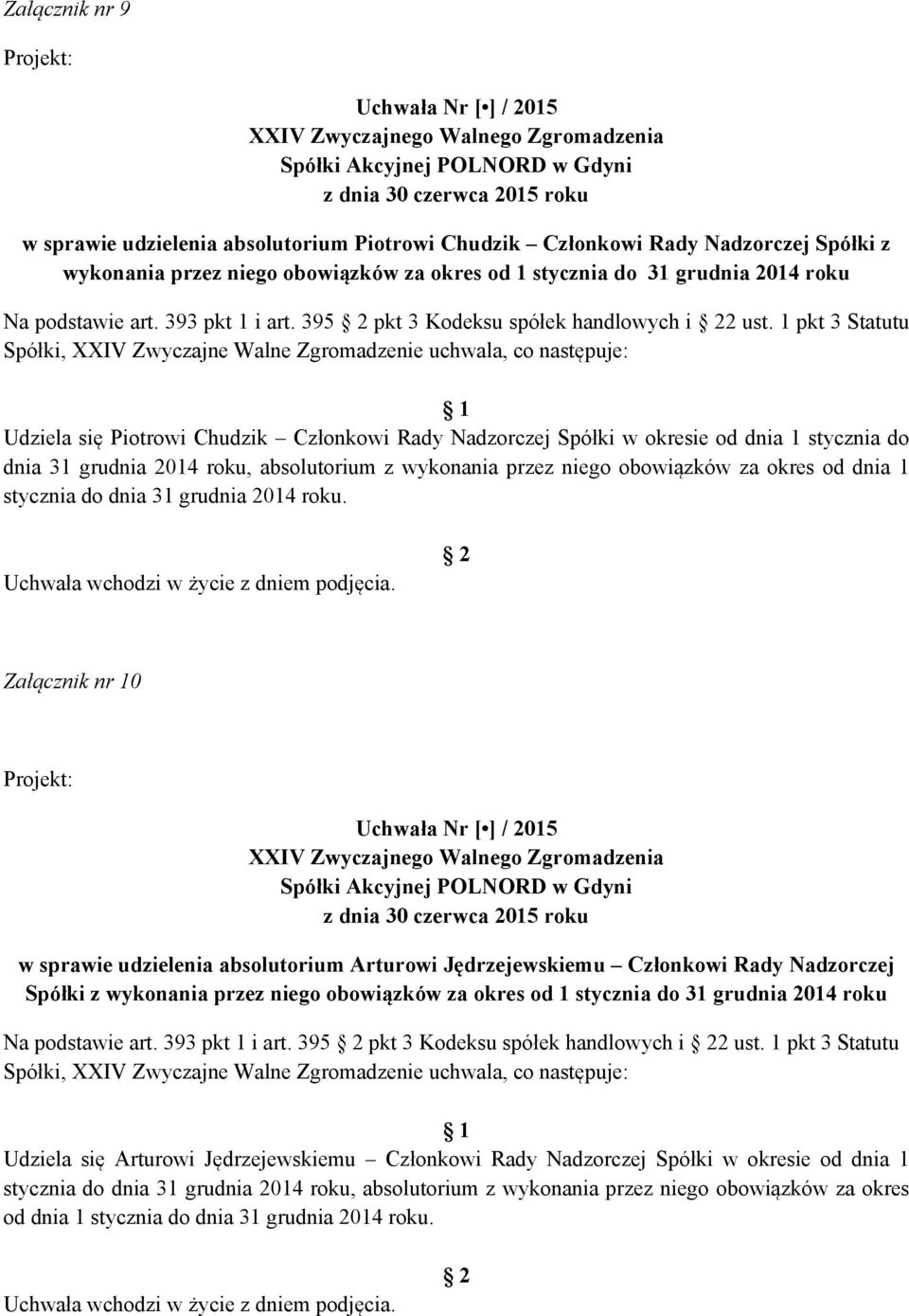 1 pkt 3 Statutu Spółki, XXIV Zwyczajne Walne Zgromadzenie uchwala, co następuje: Udziela się Piotrowi Chudzik Członkowi Rady Nadzorczej Spółki w okresie od dnia 1 stycznia do dnia 31 grudnia 2014