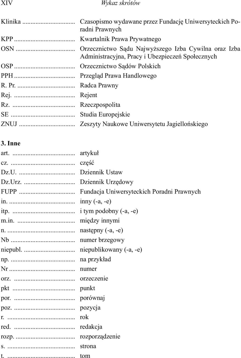 ... Rejent Rz.... Rzeczpospolita SE... Studia Europejskie ZNUJ... Zeszyty Naukowe Uniwersytetu Jagiellońskiego 3. Inne art.... artykuł cz.... część Dz.U.... Dziennik Ustaw Dz.Urz.
