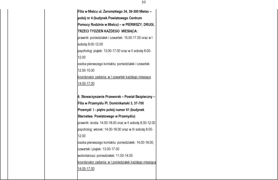 00 oraz w I sobotę 8.00- psycholog: piątek: 13.00-17.00 oraz w II sobotę 8.00- osoba pierwszego kontaktu: poniedziałek i czwartek: -15.00 koordynator zadania: w I czwartek każdego miesiąca 14.00-17.00 6.