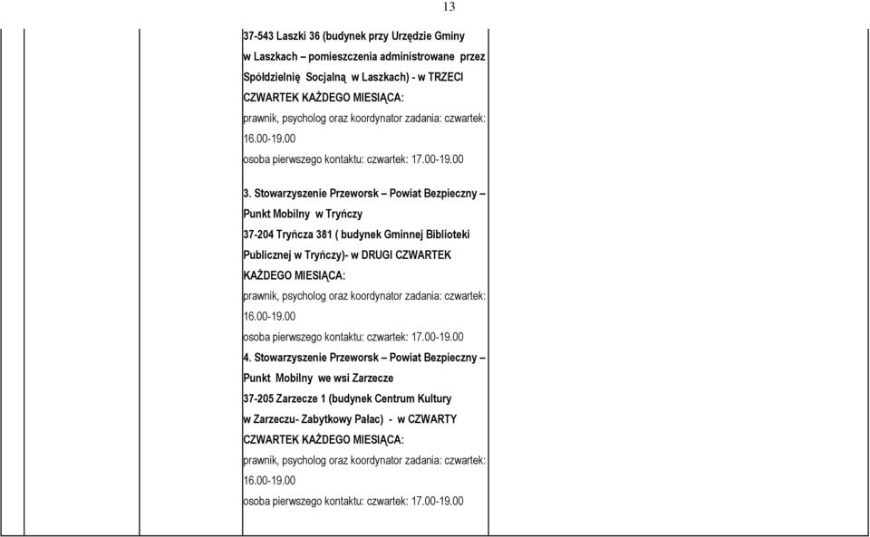 Stowarzyszenie Przeworsk Powiat Bezpieczny Punkt Mobilny w Tryńczy 37-204 Tryńcza 381 ( budynek Gminnej Biblioteki Publicznej w Tryńczy)- w DRUGI CZWARTEK KAŻDEGO MIESIĄCA: prawnik, psycholog oraz