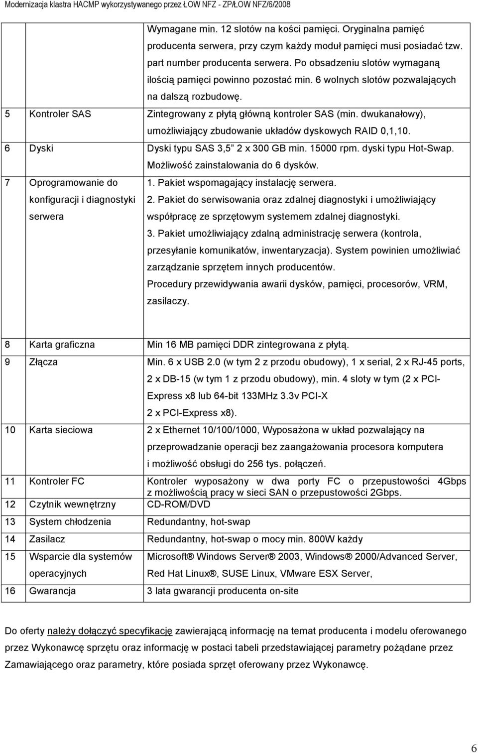 dwukanałowy), umoŝliwiający zbudowanie układów dyskowych RAID 0,1,10. 6 Dyski Dyski typu SAS 3,5 2 x 300 GB min. 15000 rpm. dyski typu Hot-Swap. MoŜliwość zainstalowania do 6 dysków.