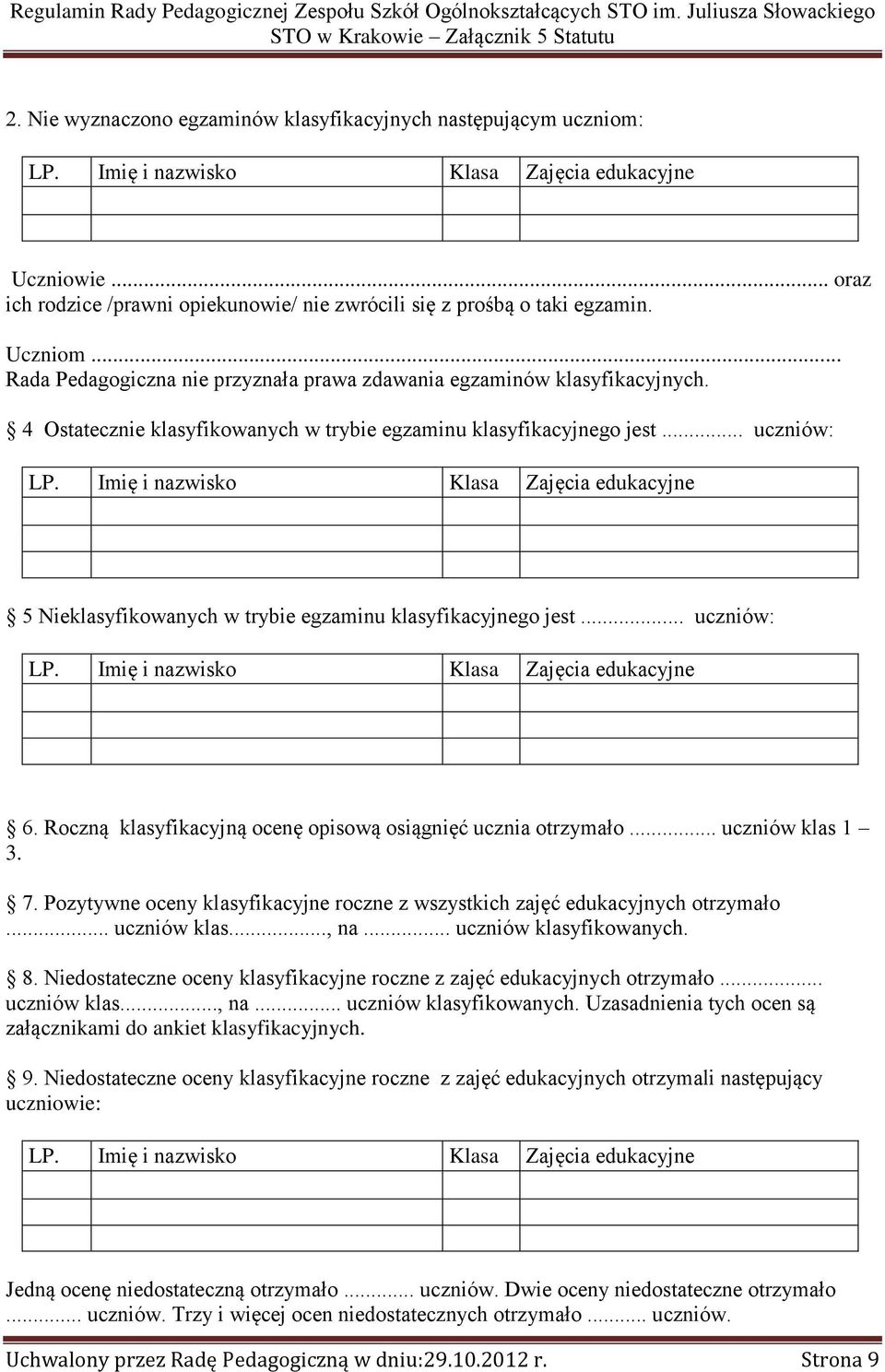 .. uczniów: 5 Nieklasyfikowanych w trybie egzaminu klasyfikacyjnego jest... uczniów: 6. Roczną klasyfikacyjną ocenę opisową osiągnięć ucznia otrzymało... uczniów klas 1 3. 7.