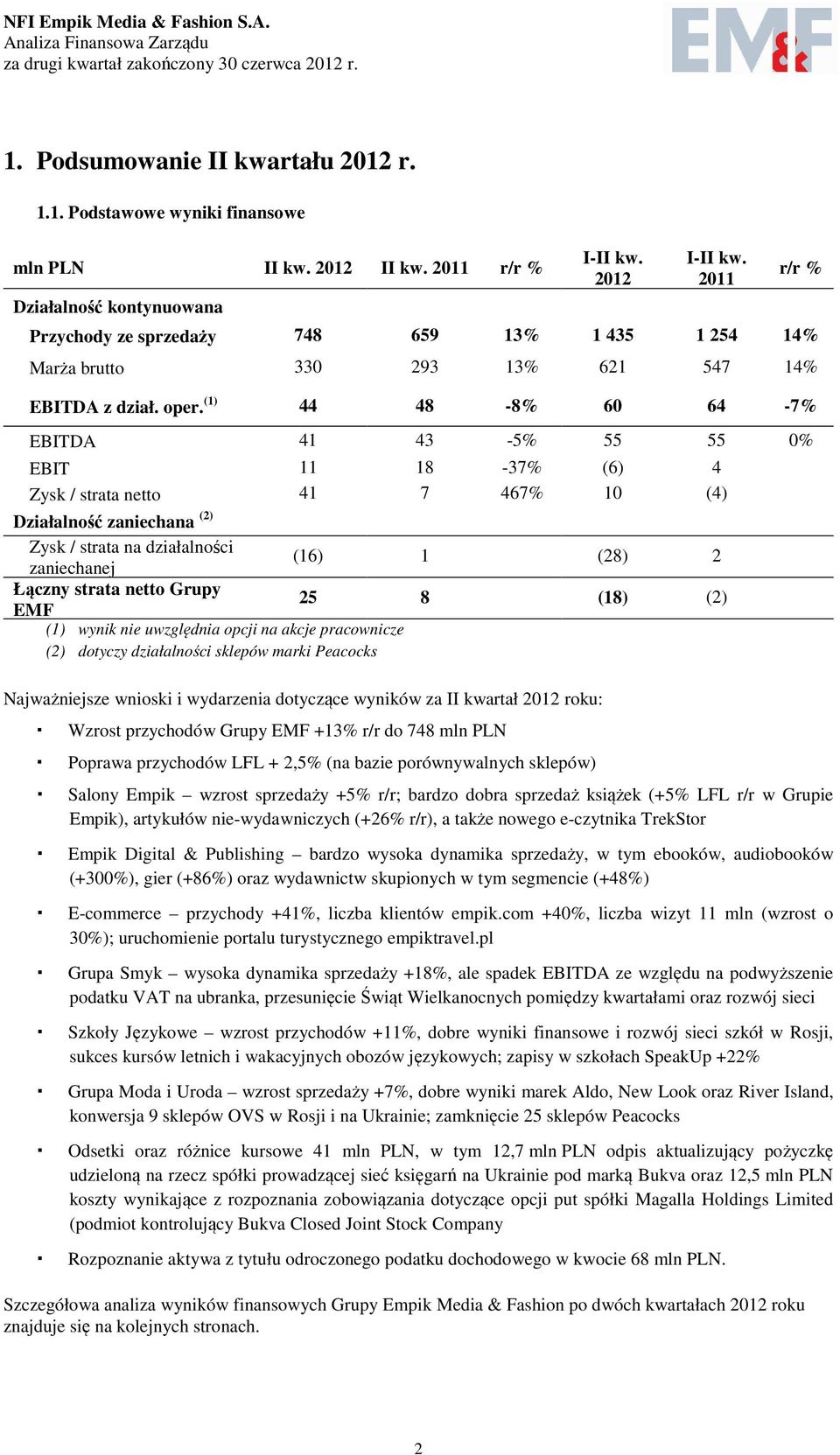 EMF (1) wynik nie uwzględnia opcji na akcje pracownicze (2) dotyczy działalności sklepów marki Peacocks (16) 1 (28) 2 25 8 (18) (2) Najważniejsze wnioski i wydarzenia dotyczące wyników za II kwartał