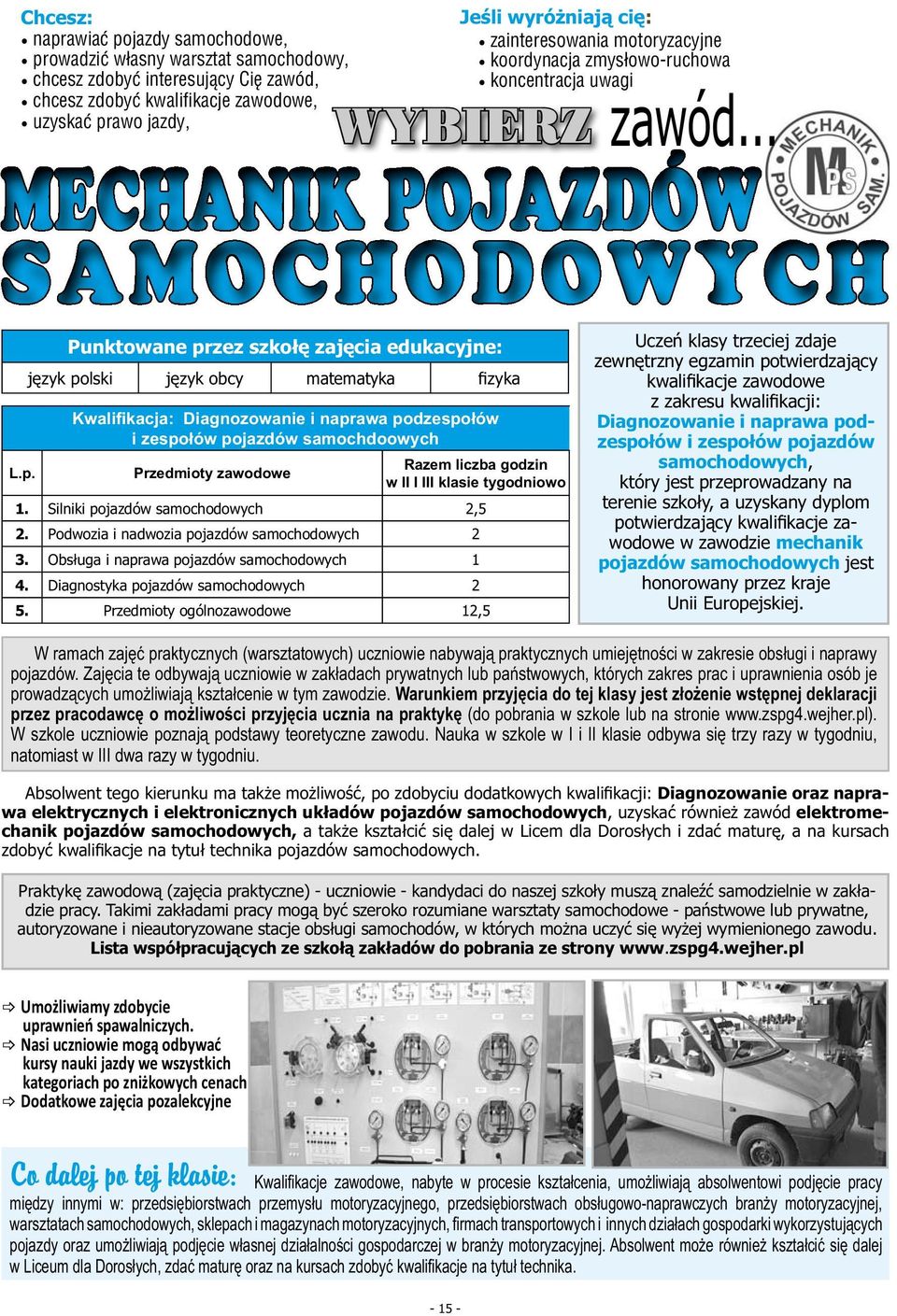 .. Punktowane przez szkołę zajęcia edukacyjne: język polski język obcy matematyka fizyka Kwalifikacja: Diagnozowanie i naprawa podzespołów i zespołów pojazdów samochdoowych Przedmioty zawodowe Razem